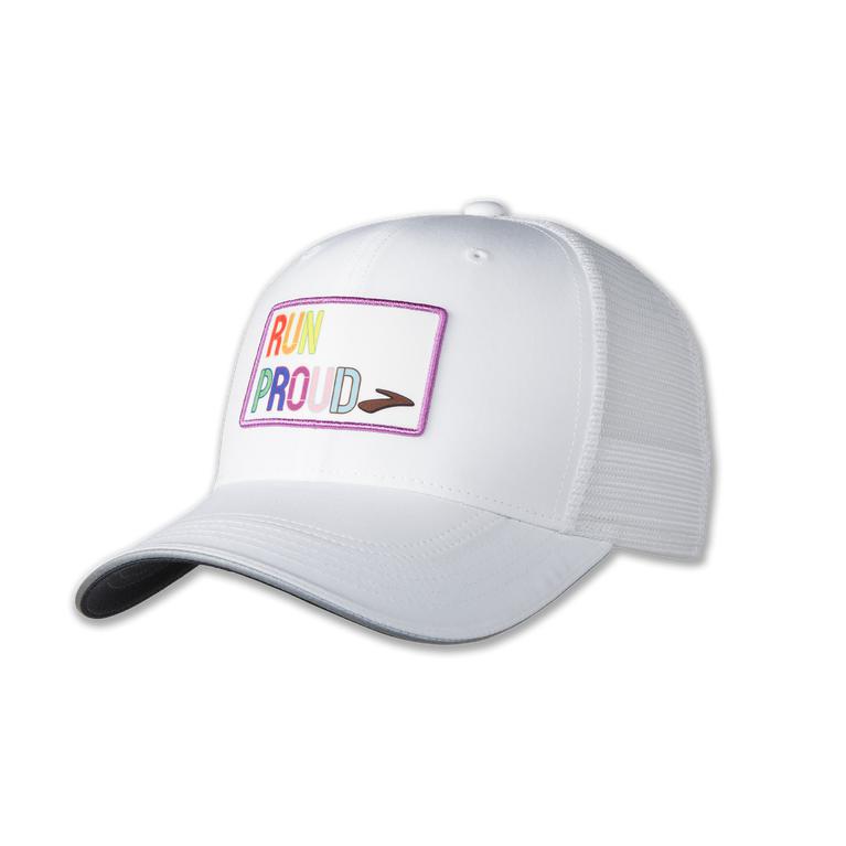 Brooks Mens Discovery Trucker Running Hat - White/Run Proud (376850-CQG)